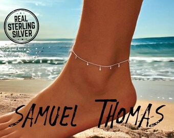 Dangle CZ Anklet by SAMUELTHOMAS | 925 Sterling Silver | Boho Cute Minimalist Chain | Adjustable Beach Friends | Summer Jewelry Gift for Her