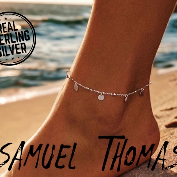 Zierliches Fußkettchen von SAMUELTHOMAS | 925er Silber | Boho niedliche Minimalist Kette | Verstellbar Strandfreunde | Sommer Schmuck Geschenk für sie