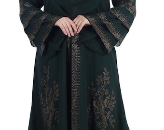 Stylish Dubai Abaya For Muslim Women, Beautiful Green Stone work Embroidery indo-western Double  Abaya,with stole,56" inch