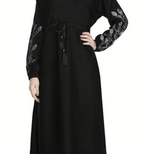 Stylish Dubai Abaya For Muslim Women, Beautiful black Thread Embroidery Selieves Work Umbrella Abaya,with stole,56" inch