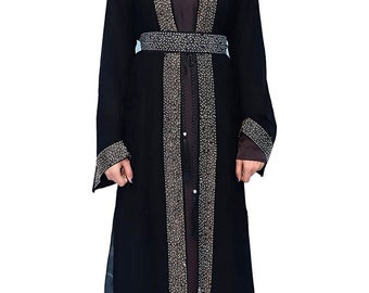 Stylish Dubai Abaya For Muslim Women, Beautiful black Stone work Embroidery indo-western Double Shrug Abaya,with stole,58" inch