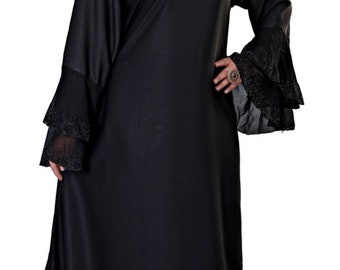 Stilvolle Dubai Abaya für muslimische Frauen, schöne schwarze Steinarbeit Stickerei Regenschirm Dreischicht Selieves Abaya, mit Stola, 56 "Zoll