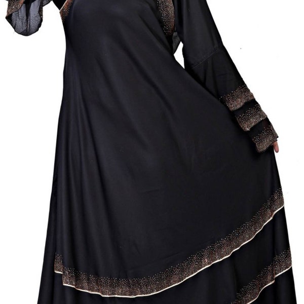 Élégante abaya de dubaï pour femmes musulmanes, beau parapluie de broderie en pierre noire trois couches abaya, avec étole, 58 pouces