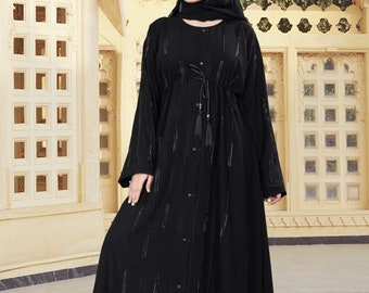 Stylish Dubai Abaya For Muslim Women, Beautiful Black Strip shiny Stone Sheet Work Design Umbrella Abaya,with stole,56" inch