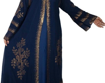 Stylish Dubai Abaya For Muslim Women, Beautiful blue Stone work Embroidery indo-western Double  Abaya,with stole,56" inch