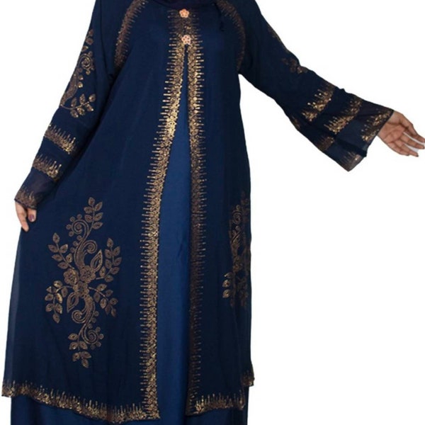 Stylish Dubai Abaya For Muslim Women, Beautiful blue Stone work Embroidery indo-western Double  Abaya,with stole,56" inch