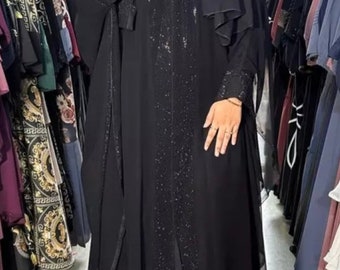 Stilvolle Dubai Abaya für muslimische Frauen, Schöner Schwarzer Stein Arbeit Doppel Kaftan Abaya, Braut Abaya mit Stola, 55 "Zoll