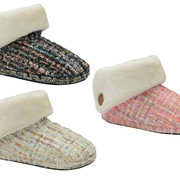 Ladies Slippers Ankle Boots Winter Warm Cosy Soft Padded Fur Outdoor Sole Sparkly Colourful Booties