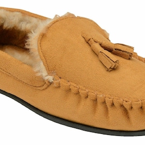 Mens Moccasins Slippers Loafers Faux Wool Fur Lined Classic Tassel Warm Winter Slip Ons Tan