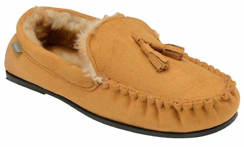 Mens Moccasins Slippers Loafers Faux Wool Fur Lined Classic Tassel Warm Winter Slip Ons Tan