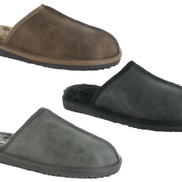 Mens Fella Mule Slippers Memory Foam Faux Fur Comfort Backless Outdoor Slip Ons Stylish Distressed Leather Effect