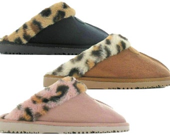 Ladies Slippers Memory Foam Faux Fur Lined Outdoor Sole Soft Comfy Cushioned Leopard Print Mules