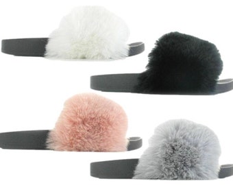 Ladies Faux Fur Sliders Slippers Fluffy Sandals Luxury Stylish Slip On Mules Loungewear