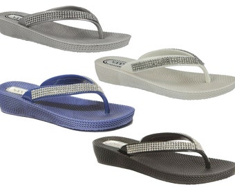 Ladies Diamante Flip Flops Sandals Firm Comfort Toe Post Summer Beach Low Wedge