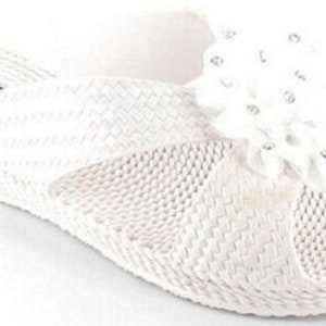 Ladies Sandals Comfort Sliders Flower Diamante Low Wedge Sparkle Beach Shoes Flip Flops White