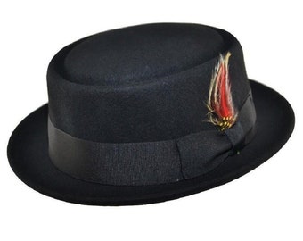 100% Wool Porkpie Hat Black Pork Pie Hat Classic Stylish Felt Trilby With Ribbon Band and Feather