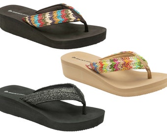 Womens Summer Flip Flops Low Wedge Foam Lightweight Toe Post Holiday Beach Sandals