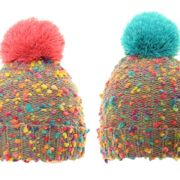 Multicoloured Knitted Bobble Hat with Pom Pom Winter 2 Colours One Size