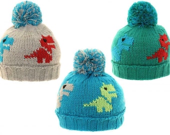 Boys Dinosaur Bobble Hat Knitted Pom Pom Winter Warm Ski Cap Fleece Lined Cute Fun Beanie Size: 3- 7 Years