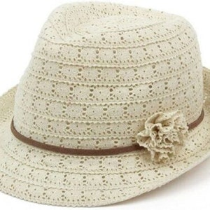 Womens Crushable Lace Trilby Ladies Summer Elegant Sun Hat Casual Light Weight Holiday Packable With Flower Detail