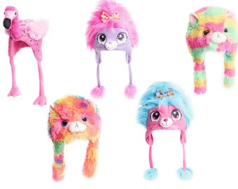 Childrens Kids Novelty Hat Fancy Dress Up Festival Colourful Fun Flamingo Cat Peru Trapper Faux Fur Hats