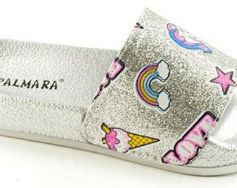 Childrens Girls Sliders Summer Sandals Beach Pool Slides Silver Unicorn Rainbow Slip On