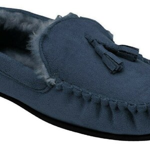 Mens Moccasins Slippers Loafers Faux Wool Fur Lined Classic Tassel Warm Winter Slip Ons Navy