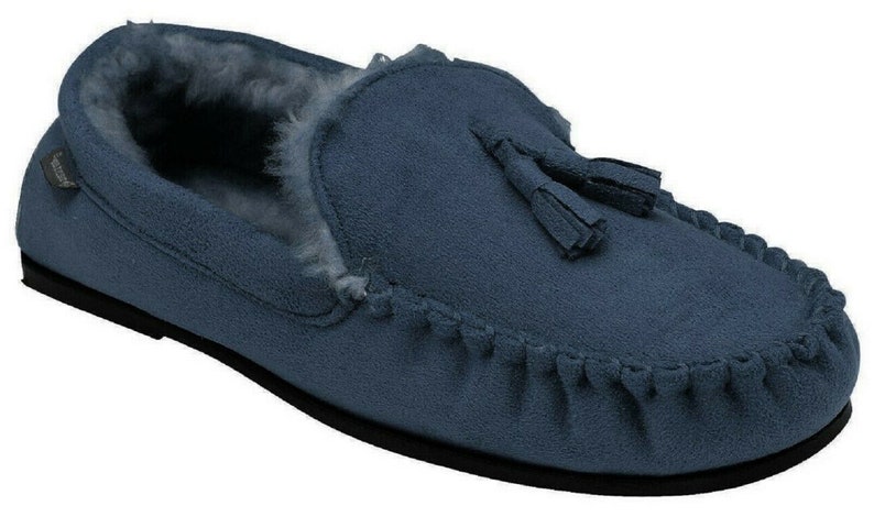 Mens Moccasins Slippers Loafers Faux Wool Fur Lined Classic Tassel Warm Winter Slip Ons Navy