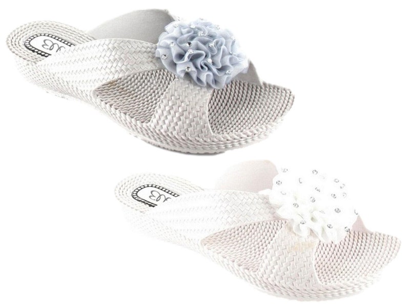 Ladies Sandals Comfort Sliders Flower Diamante Low Wedge Sparkle Beach Shoes Flip Flops image 1