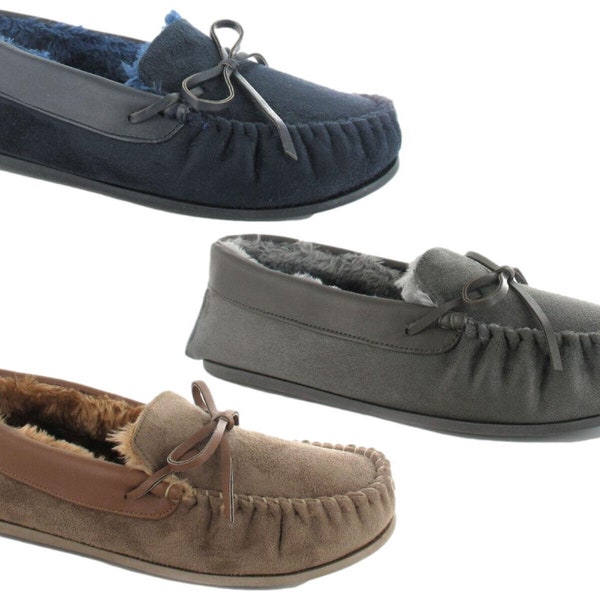 Mens Fella Moccasin Slippers Faux Suede Fur Lined Memory Foam Comfort Slip Ons Indoor Shoes