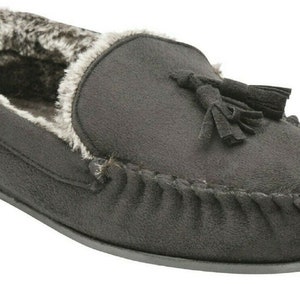 Mens Moccasins Slippers Loafers Faux Wool Fur Lined Classic Tassel Warm Winter Slip Ons Grey