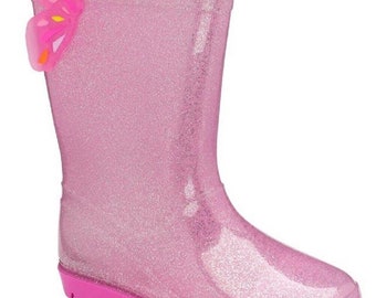 Girls Glitter Pink Wellies Wellington Boots Sparkly Butterfly Rain Boot Fairy Wings