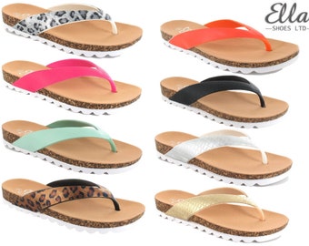 Ladies Ella Sandals Toe Post Comfort Flip Flops Footbed Casual Summer Chunky Sole Beach Shoes