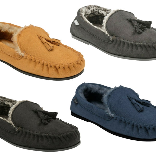 Mens Moccasins Slippers Loafers Faux Wool Fur Lined Classic Tassel Warm Winter Slip Ons