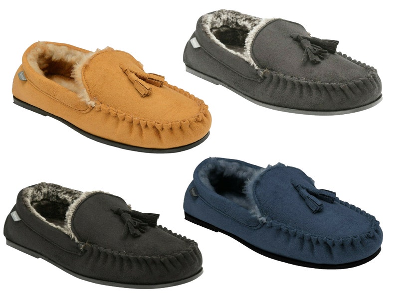 Mens Moccasins Slippers Loafers Faux Wool Fur Lined Classic Tassel Warm Winter Slip Ons image 1