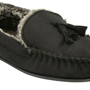 Mens Moccasins Slippers Loafers Faux Wool Fur Lined Classic Tassel Warm Winter Slip Ons Black