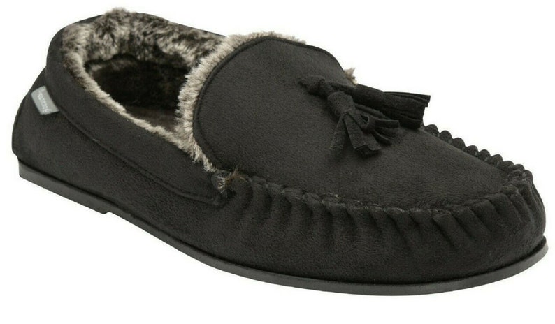 Mens Moccasins Slippers Loafers Faux Wool Fur Lined Classic Tassel Warm Winter Slip Ons Black