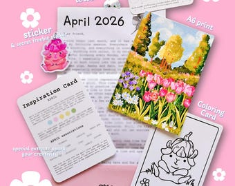 Conjunto de correo postal de abril: lámina artística coleccionable, pegatina holográfica, tarjeta inspiradora.