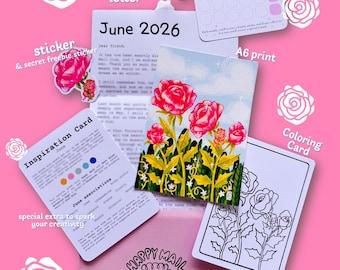 June Snail Mail Set: Collectable Art Print, Vinyl Sticker, Inspiration Card, Coloring Card