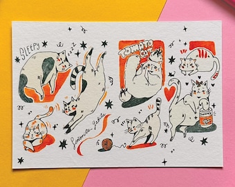 Grillige kat-kunstprint: handgetekende A6-afbeelding