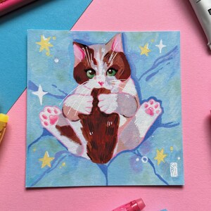 Stampa artistica di un gattino disegnato a mano: illustrazione di un gatto con una stella pastello