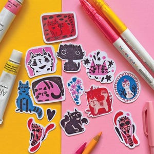 Bunt schrulliges Katzen Sticker Pack - Handgemachte Kawaii Kunst für Katzenliebhaber