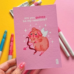 Tarjeta de San Valentín de Cupido / Impresión artística A6 / Ilustración dibujada a mano, regalo, adorable / Amor de conejillo de indias