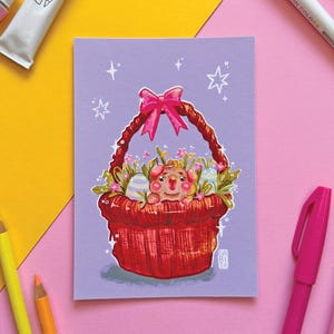 Biglietto di Pasqua con porcellino d'India carino / Stampa artistica A6 / Arte animale disegnata a mano