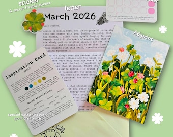 Set de correo postal de marzo: lámina artística coleccionable, pegatinas brillantes, tarjeta inspiradora.