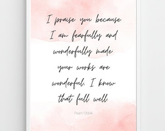Fearfully and Wonderfully Made Sign, Psalm 139, Baby Girl Nursery Print, Christian Wall Art, Printable, Instant Download