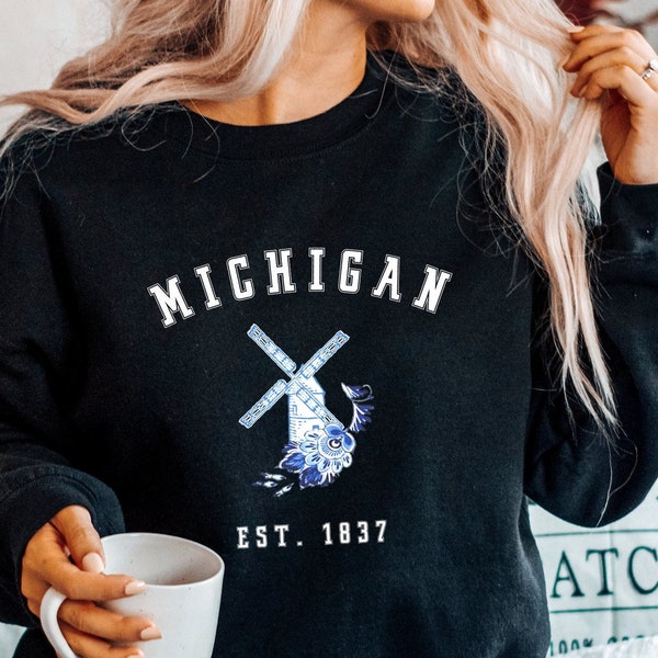 Michigan Sweatshirt, Blue Dutch Windmill Rose, State Travel Crewneck, Aesthetic Boho Pullover