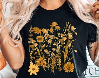 Vintage Wildflowers Shirt Retro Golden Distressed Flower Shirt Boho Fall Floral Tee Soft Cotton Comfy Soft Plant Lover Mom Gift