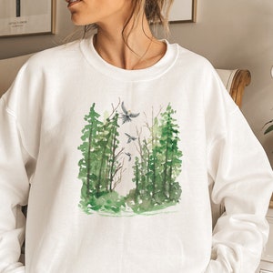 Watercolor Trees Landscape Shirt, Pine Tree Forest Graphic Tee, Bird Cottagecore Shirt