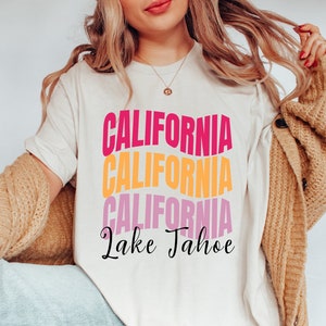 Maglietta da viaggio retrò &quot;Lake Tahoe&quot; della California, maglietta unisex in cotone morbido e confortevole, per matrimonio, luna di miele e vacanza